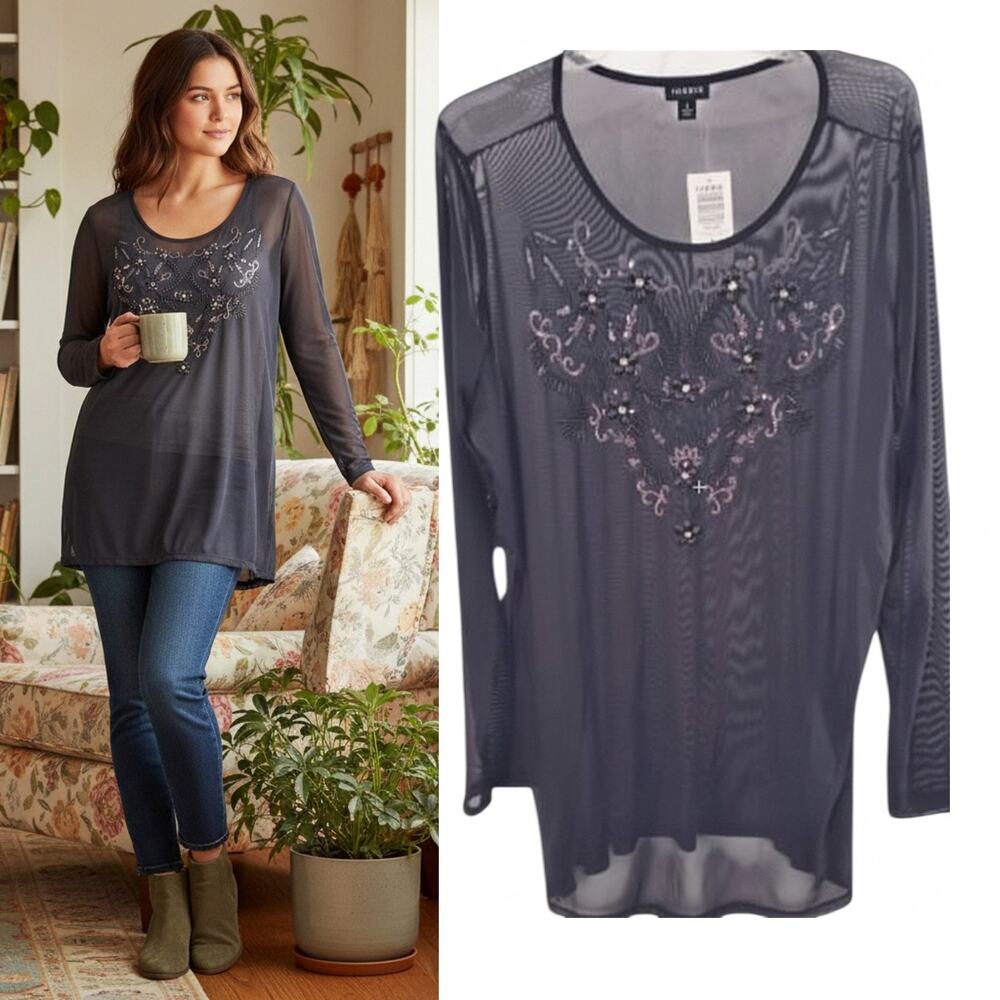 Torrid Black Sequin Mesh Top 3X NWT Gothic Glam Dark Academia Scoop Neck